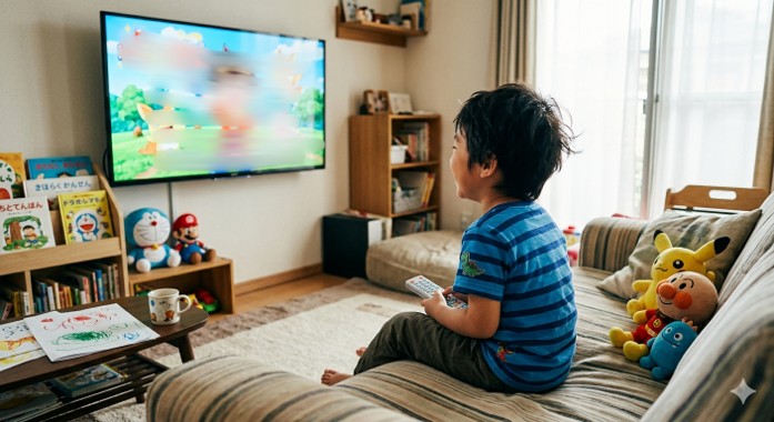 リビングでテレビを見る幼児の風景